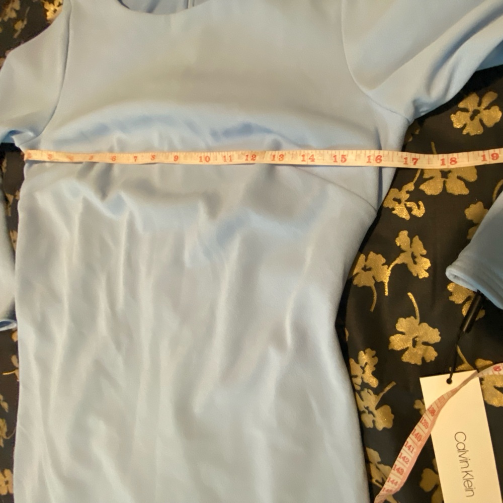 NWT Calvin Klein Bell Sleeve Sheath Dress Blue with Pearl Accents / Size 4 - Picture 13 of 16